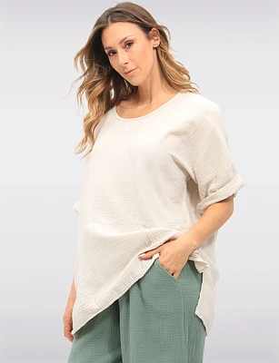 Loose Fit Textured Cotton Short Sleeve Tunic with Front Pockets by Froccella