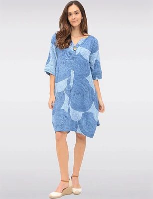Swirl Print Front Button Detail 3/4 Sleeves & Split Neckline Dress by Froccella