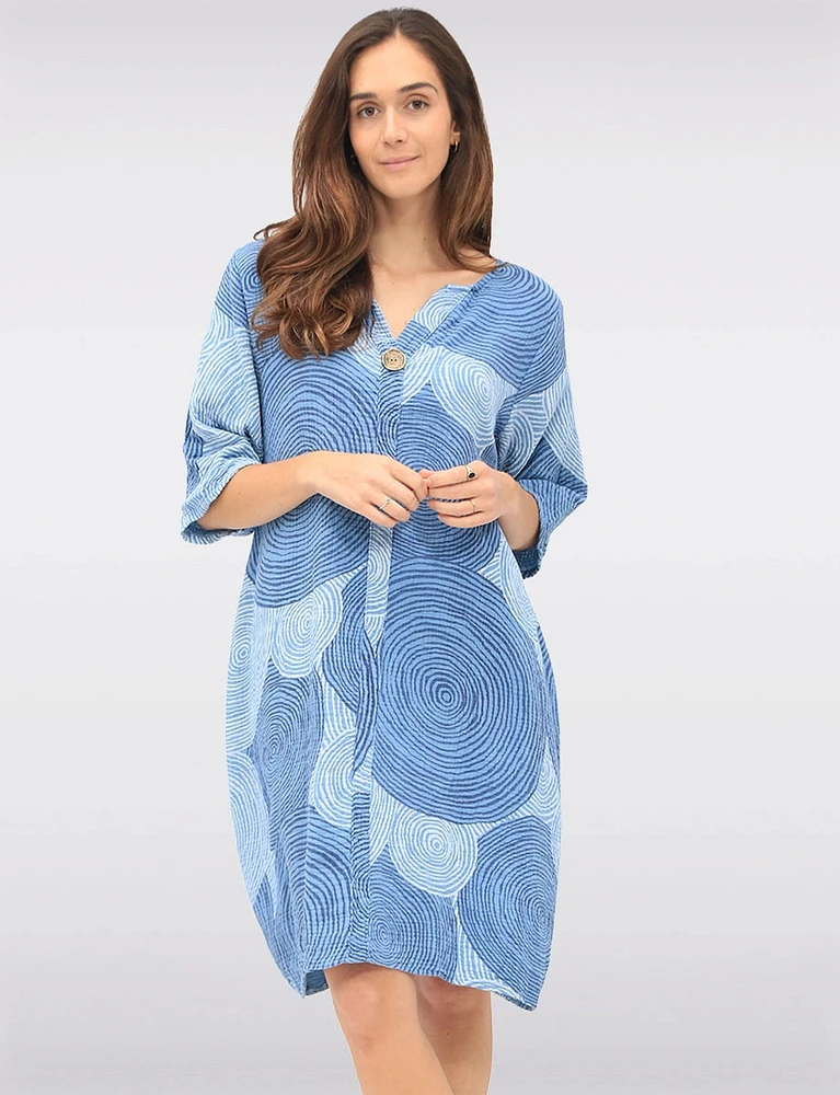 Swirl Print Front Button Detail 3/4 Sleeves & Split Neckline Dress by Froccella