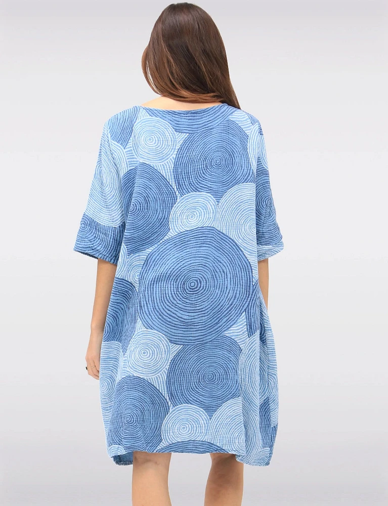 Swirl Print Front Button Detail 3/4 Sleeves & Split Neckline Dress by Froccella
