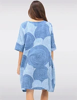 Swirl Print Front Button Detail 3/4 Sleeves & Split Neckline Dress by Froccella
