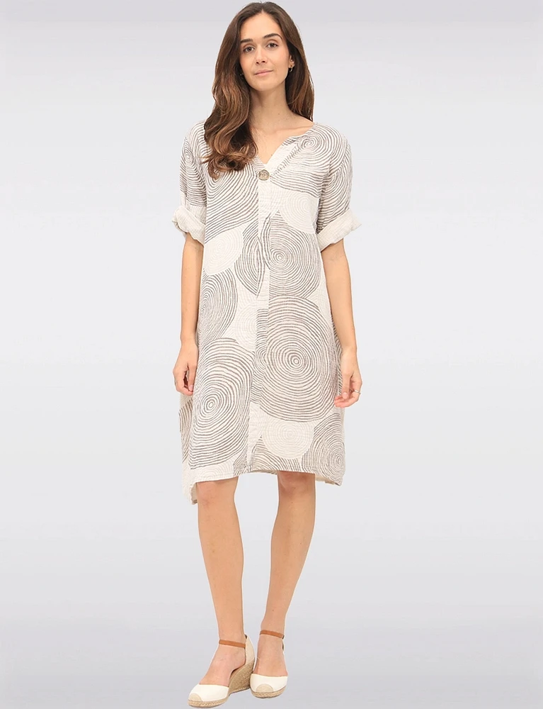 Swirl Print Front Button Detail 3/4 Sleeves & Split Neckline Dress by Froccella