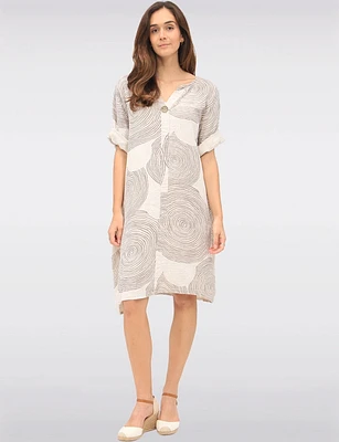 Swirl Print Front Button Detail 3/4 Sleeves & Split Neckline Dress by Froccella