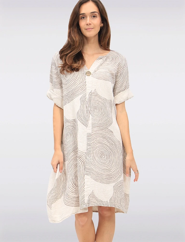 Swirl Print Front Button Detail 3/4 Sleeves & Split Neckline Dress by Froccella