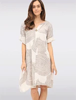 Swirl Print Front Button Detail 3/4 Sleeves & Split Neckline Dress by Froccella