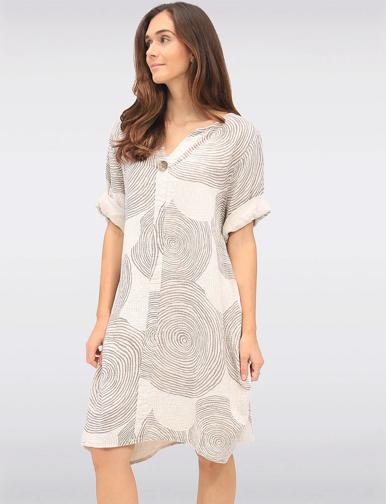 Swirl Print Front Button Detail 3/4 Sleeves & Split Neckline Dress by Froccella