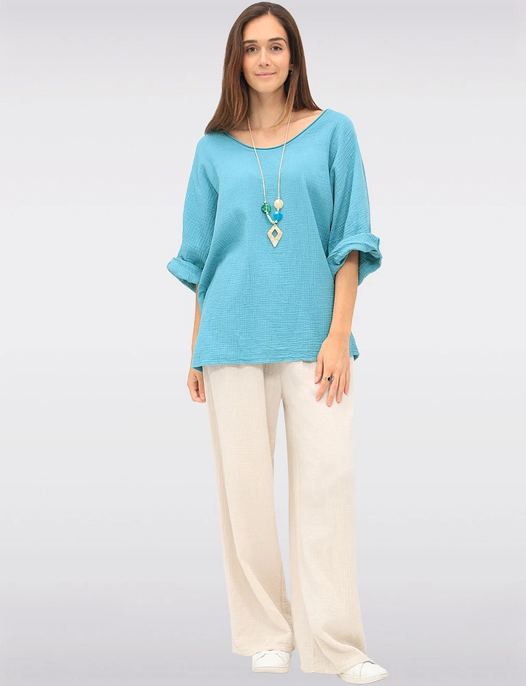 Textured Cotton Wide-Leg Pants with Elastic Waist and Front Pockets by Froccella