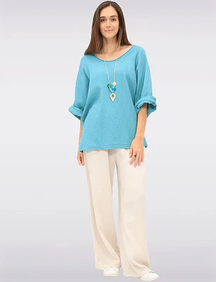 Textured Cotton Wide-Leg Pants with Elastic Waist and Front Pockets by Froccella