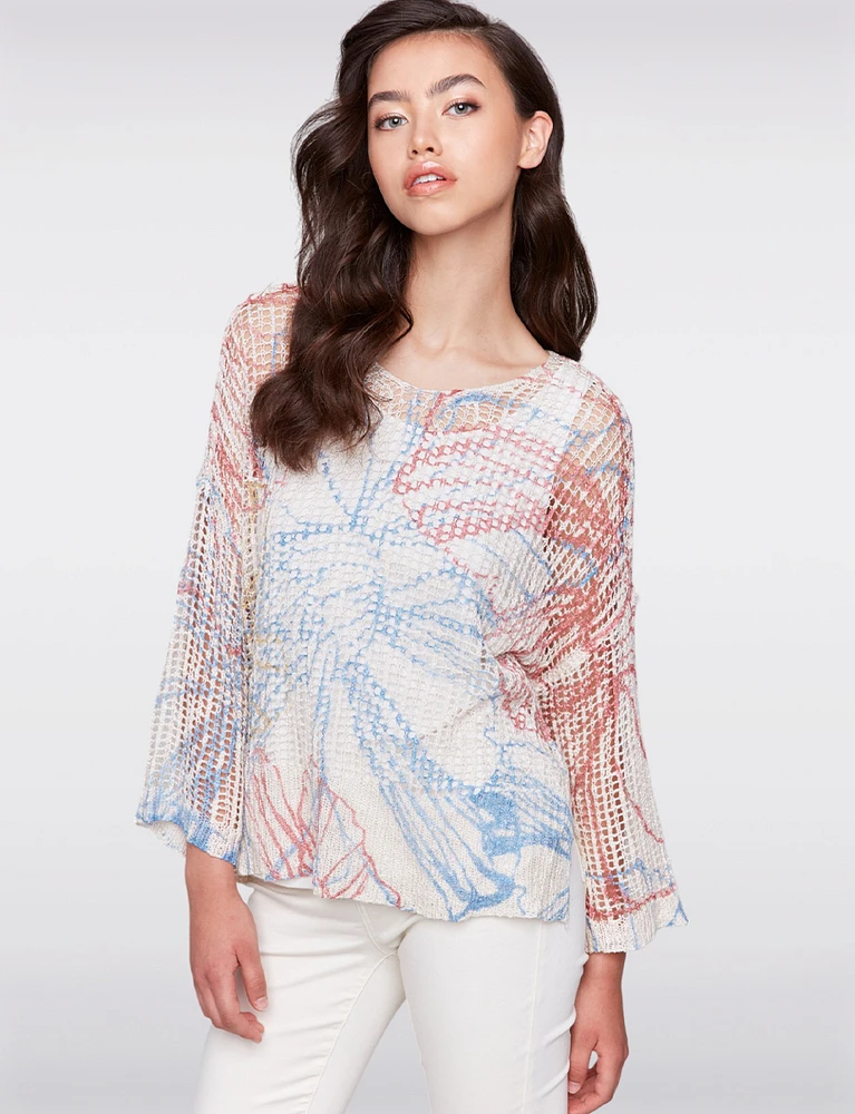 Loose Fit Tropical Print Drop Shoulder V-Neck Crochet Top by Charlie B