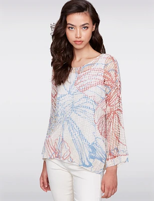 Loose Fit Tropical Print Drop Shoulder V-Neck Crochet Top by Charlie B