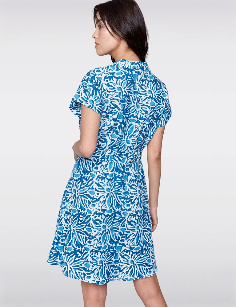 Linen-Blend Cap Sleeve Button-Up Belted Dress with Abstract Pattern by Charlie B