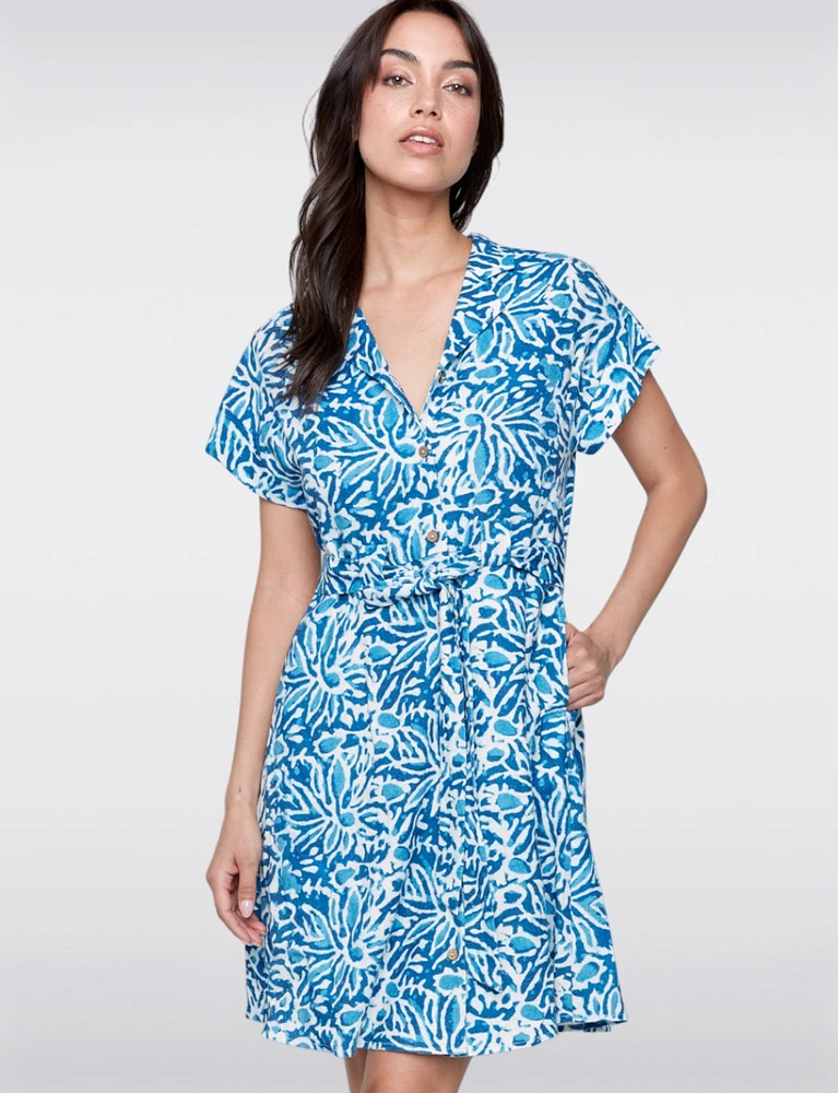 Linen-Blend Cap Sleeve Button-Up Belted Dress with Abstract Pattern by Charlie B