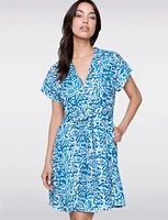 Linen-Blend Cap Sleeve Button-Up Belted Dress with Abstract Pattern by Charlie B
