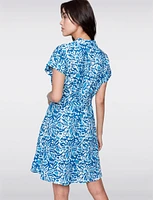Linen-Blend Cap Sleeve Button-Up Belted Dress with Abstract Pattern by Charlie B