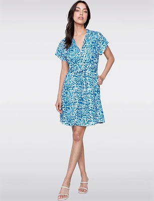 Linen-Blend Cap Sleeve Button-Up Belted Dress with Abstract Pattern by Charlie B