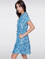 Linen-Blend Cap Sleeve Button-Up Belted Dress with Abstract Pattern by Charlie B