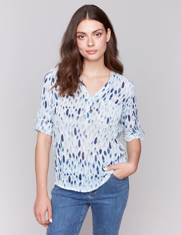 Printed Cotton Half-Button Blouse with Chest Pocket & Stand Collar by Charlie B