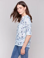 Printed Cotton Half-Button Blouse with Chest Pocket & Stand Collar by Charlie B