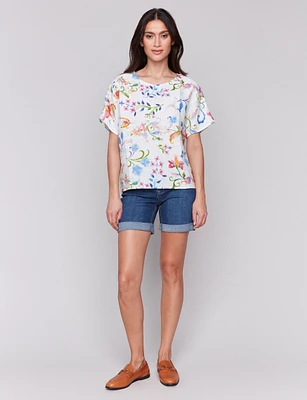Colorful Linen Floral Printed Dolman Short Sleeves Round Neck Top by Charlie B