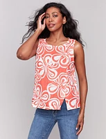 Vivid Coral Floral Print Linen Blend Sleeveless Top with Side Slit by Charlie B
