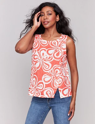 Vivid Coral Floral Print Linen Blend Sleeveless Top with Side Slit by Charlie B