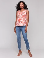Vivid Coral Floral Print Linen Blend Sleeveless Top with Side Slit by Charlie B