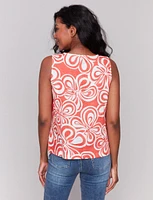 Vivid Coral Floral Print Linen Blend Sleeveless Top with Side Slit by Charlie B