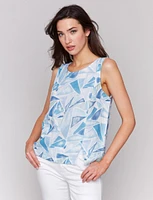 Linen Blend Abstract Geometric Print Sleeveless Top with Side Slit by Charlie B