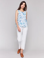Linen Blend Abstract Geometric Print Sleeveless Top with Side Slit by Charlie B