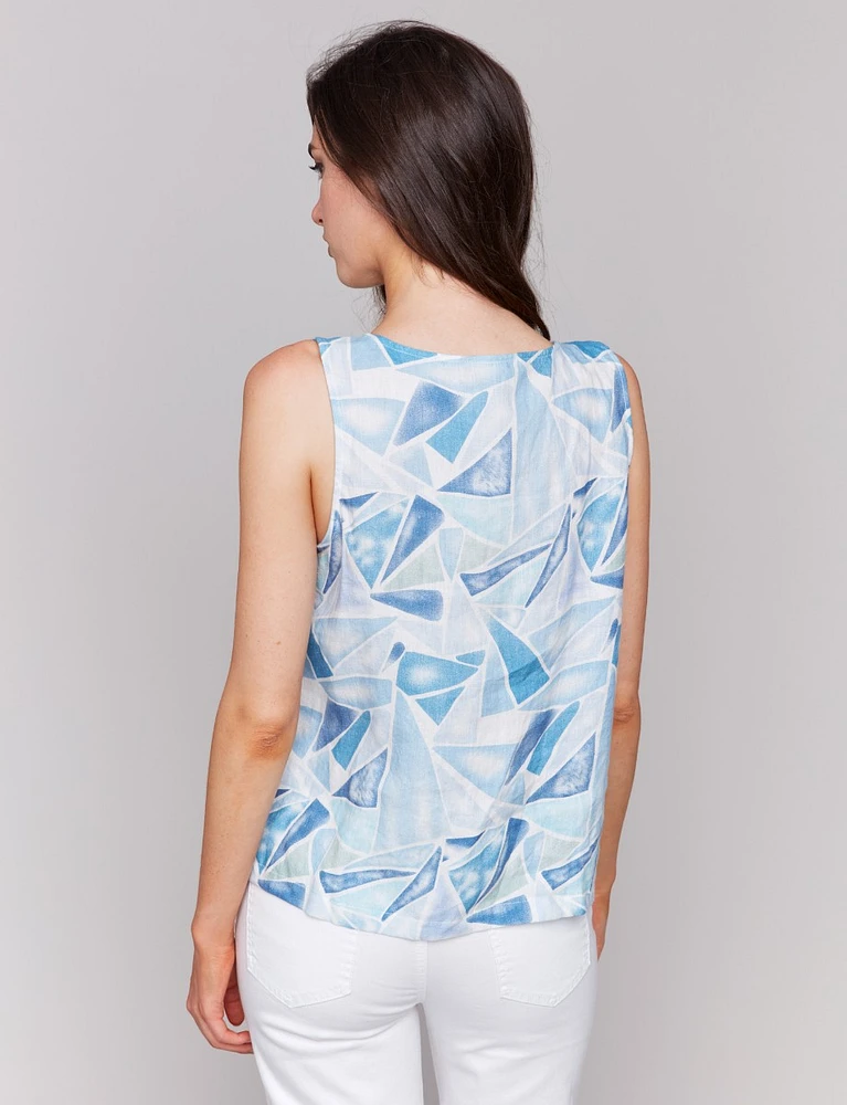 Linen Blend Abstract Geometric Print Sleeveless Top with Side Slit by Charlie B