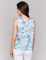 Linen Blend Abstract Geometric Print Sleeveless Top with Side Slit by Charlie B