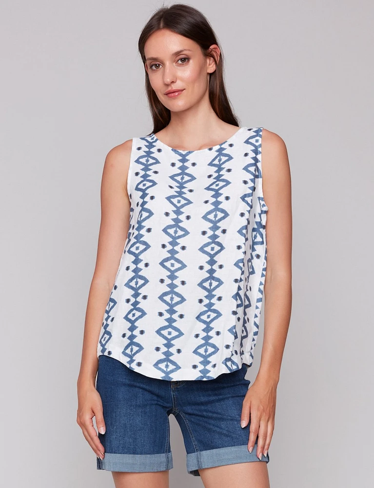 Sleeveless Regular Fit Geometric Print Rounded Hem Linen Blend Top by Charlie B