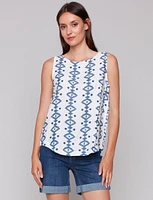 Sleeveless Regular Fit Geometric Print Rounded Hem Linen Blend Top by Charlie B