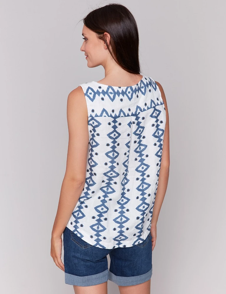 Sleeveless Regular Fit Geometric Print Rounded Hem Linen Blend Top by Charlie B