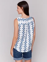 Sleeveless Regular Fit Geometric Print Rounded Hem Linen Blend Top by Charlie B