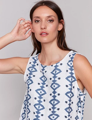 Sleeveless Regular Fit Geometric Print Rounded Hem Linen Blend Top by Charlie B