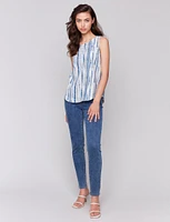 High Low Striped Tie-Dye Linen Blend Sleeveless Rounded Hem Top by Charlie B