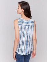High Low Striped Tie-Dye Linen Blend Sleeveless Rounded Hem Top by Charlie B