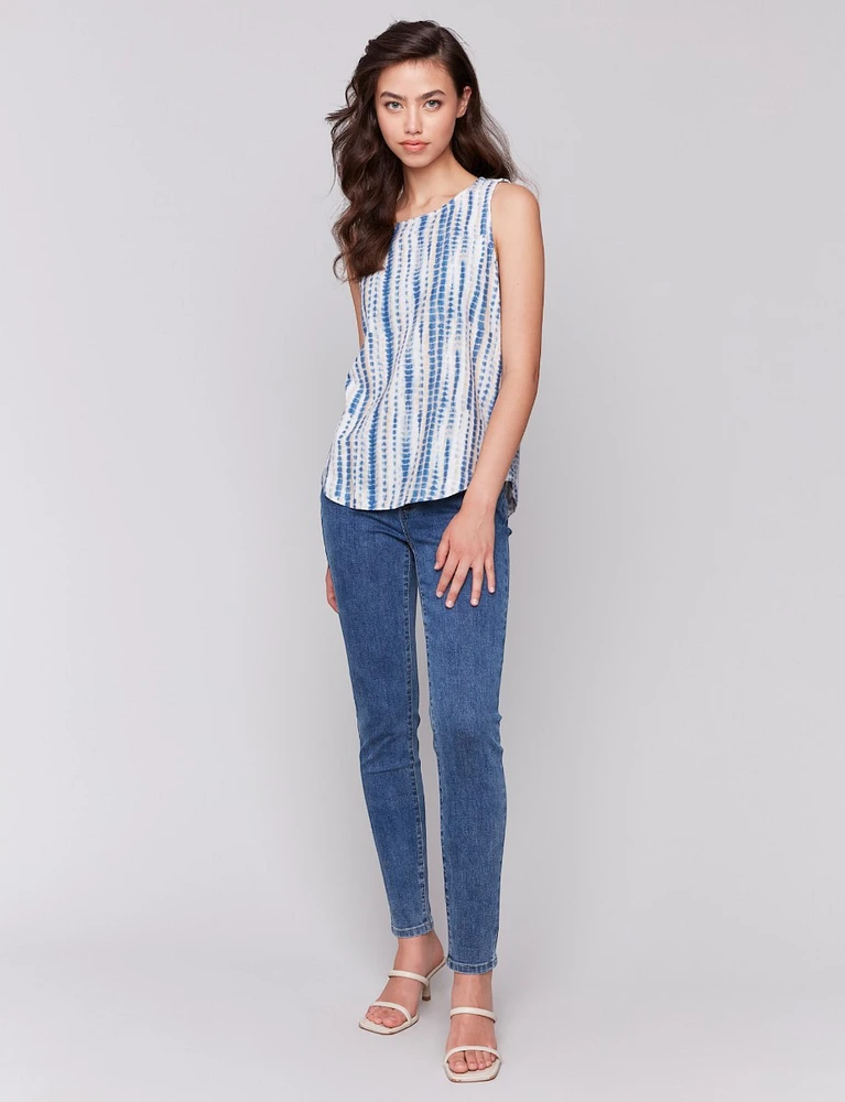 High Low Striped Tie-Dye Linen Blend Sleeveless Rounded Hem Top by Charlie B