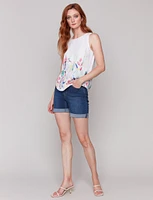 Floral Print Linen Blend Sleeveless White Top with Rounded Hem by Charlie B