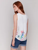Floral Print Linen Blend Sleeveless White Top with Rounded Hem by Charlie B