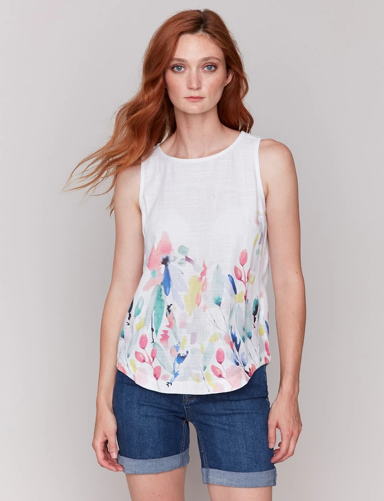 Floral Print Linen Blend Sleeveless White Top with Rounded Hem by Charlie B