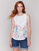 Floral Print Linen Blend Sleeveless White Top with Rounded Hem by Charlie B