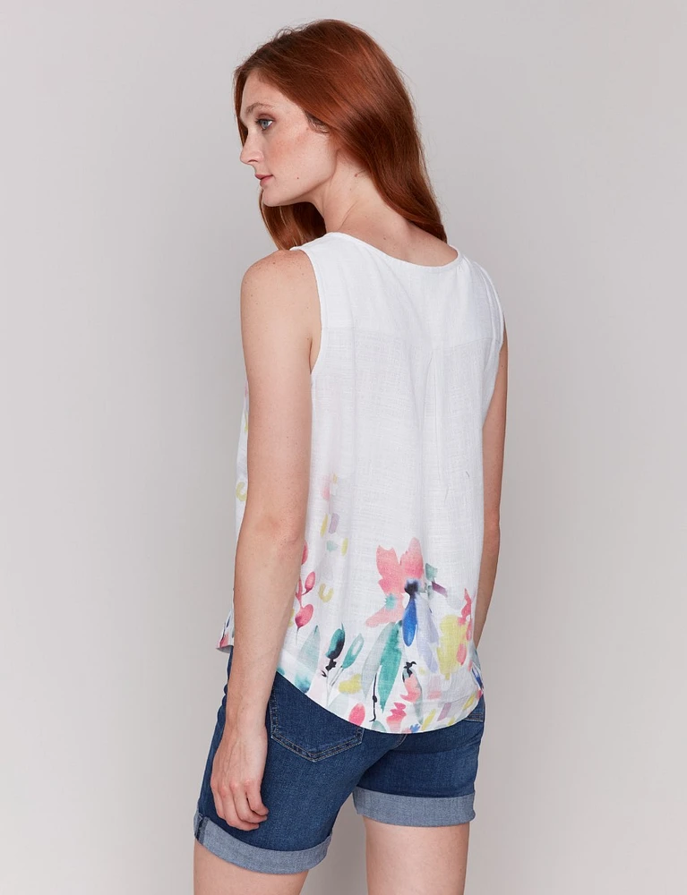 Floral Print Linen Blend Sleeveless White Top with Rounded Hem by Charlie B