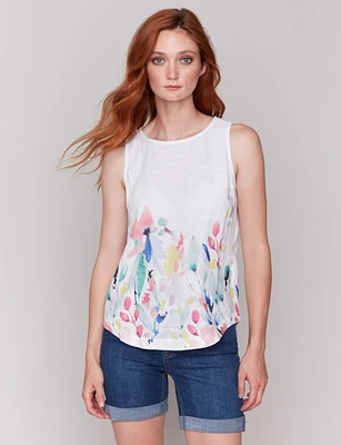 Floral Print Linen Blend Sleeveless White Top with Rounded Hem by Charlie B