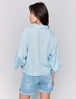 Distressed Floral Tie-Front Chest Pocket & Roll-Up Sleeves Blouse by Charlie B