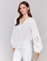 White Cotton Button-Up Blouse with Embroidered Long Balloon Sleeves by Charlie B