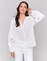 White Cotton Button-Up Blouse with Embroidered Long Balloon Sleeves by Charlie B