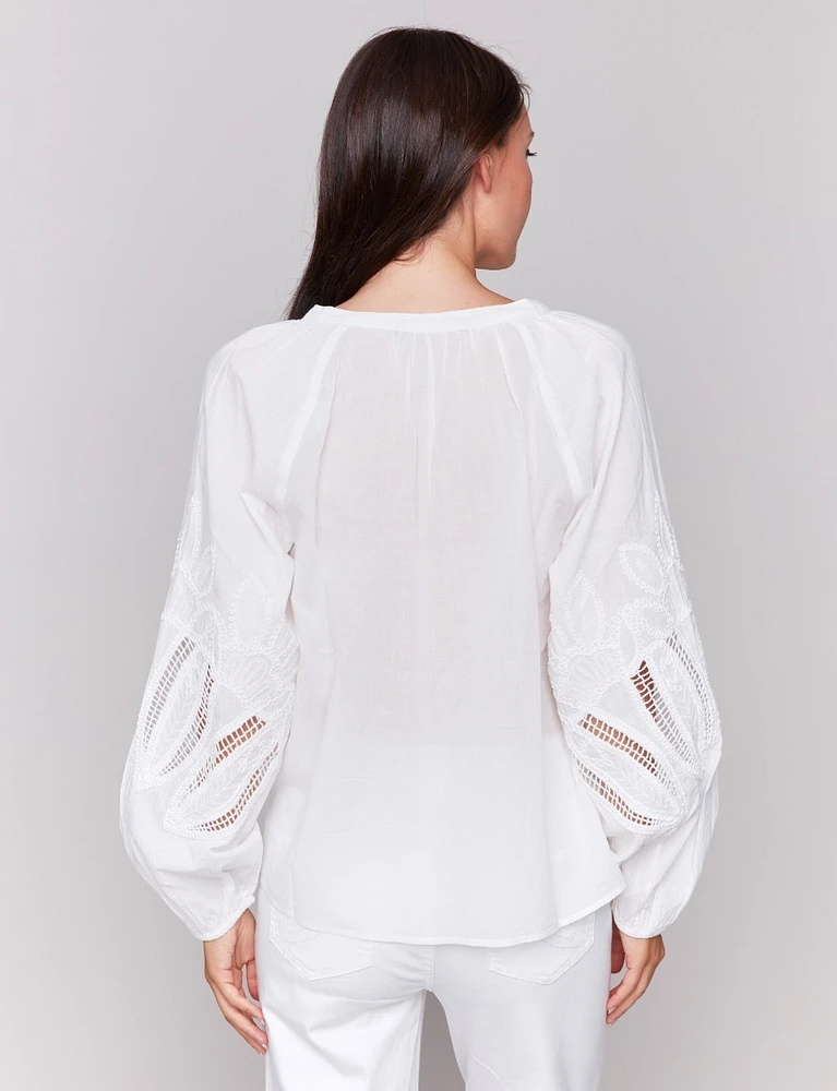 White Cotton Button-Up Blouse with Embroidered Long Balloon Sleeves by Charlie B