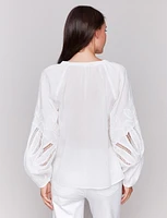 White Cotton Button-Up Blouse with Embroidered Long Balloon Sleeves by Charlie B
